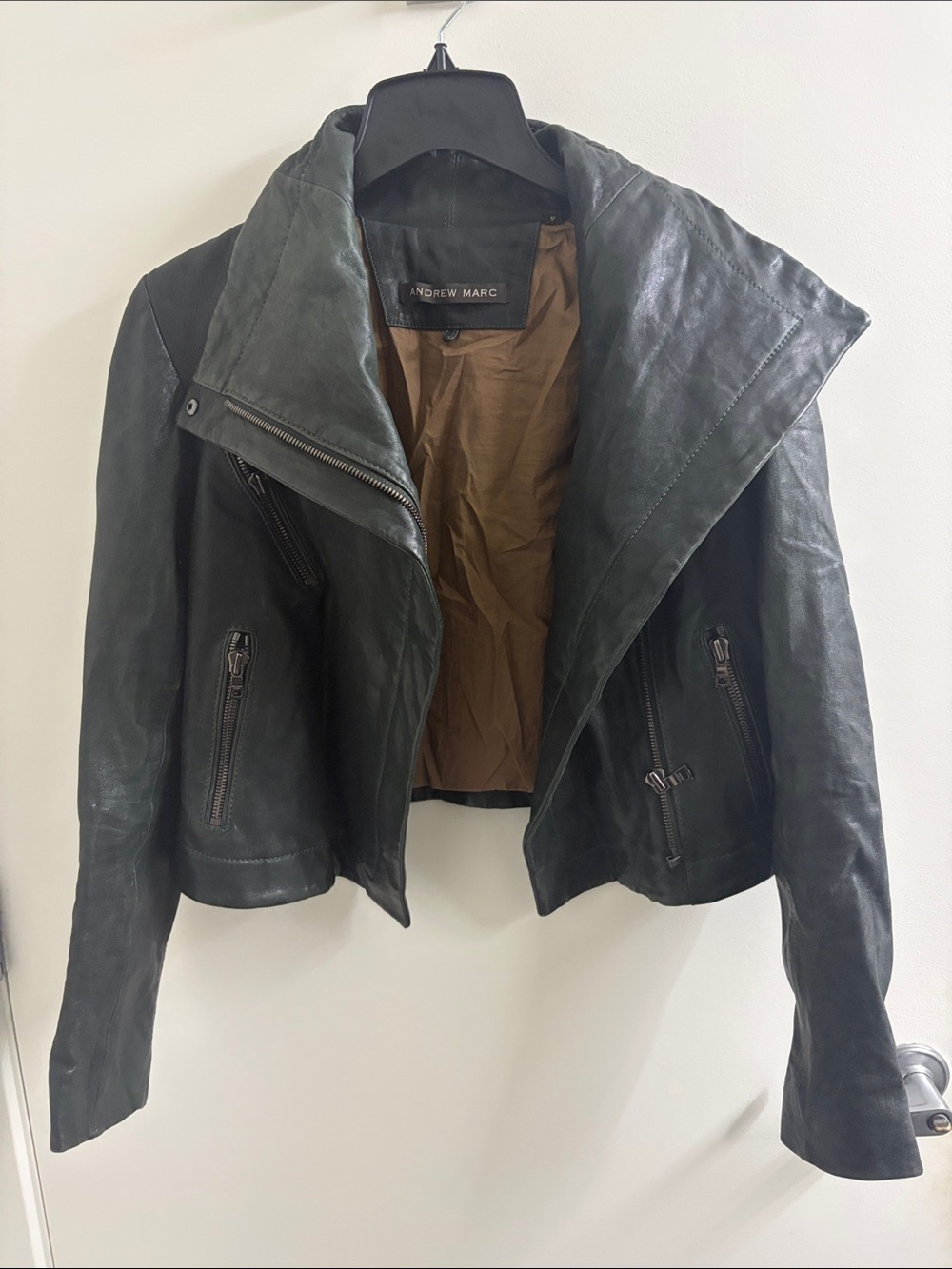 Andrew Marc Black Leather Draped Moto Jacket
